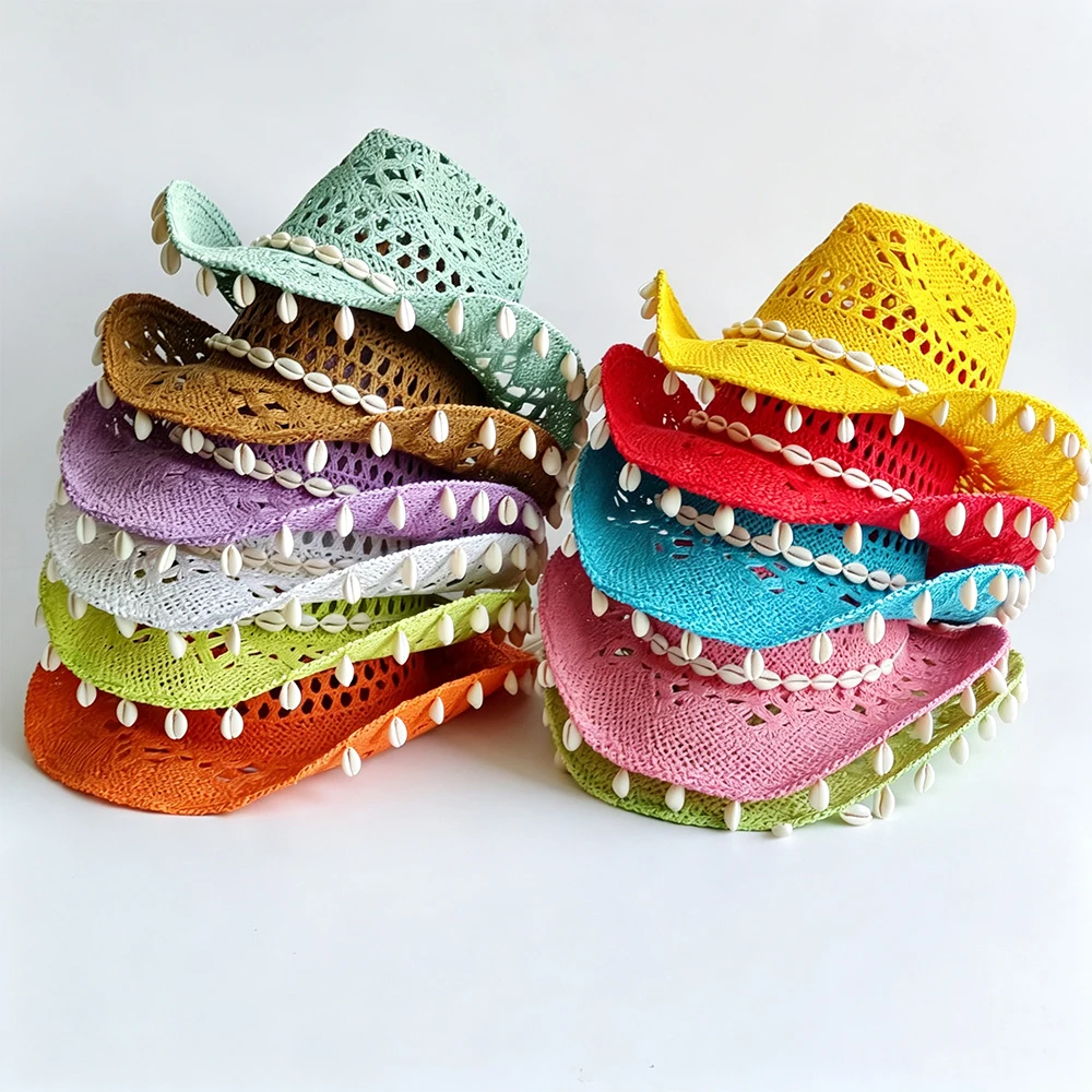 Crochet Hollow Western Cowgirl Hat With Shell Fringe, Women Summer Woven Sun Hat, Wide Brim Seaside Vacation Travel Beach Cap