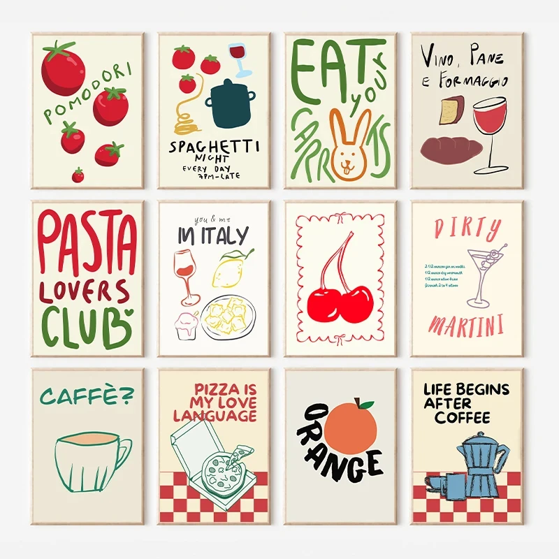 Eat Your Carrots Tomato Pasta Posters Canvas Printing Minimalist Lines Wall Art Picture for Modern Italian Kitchen  Gifts