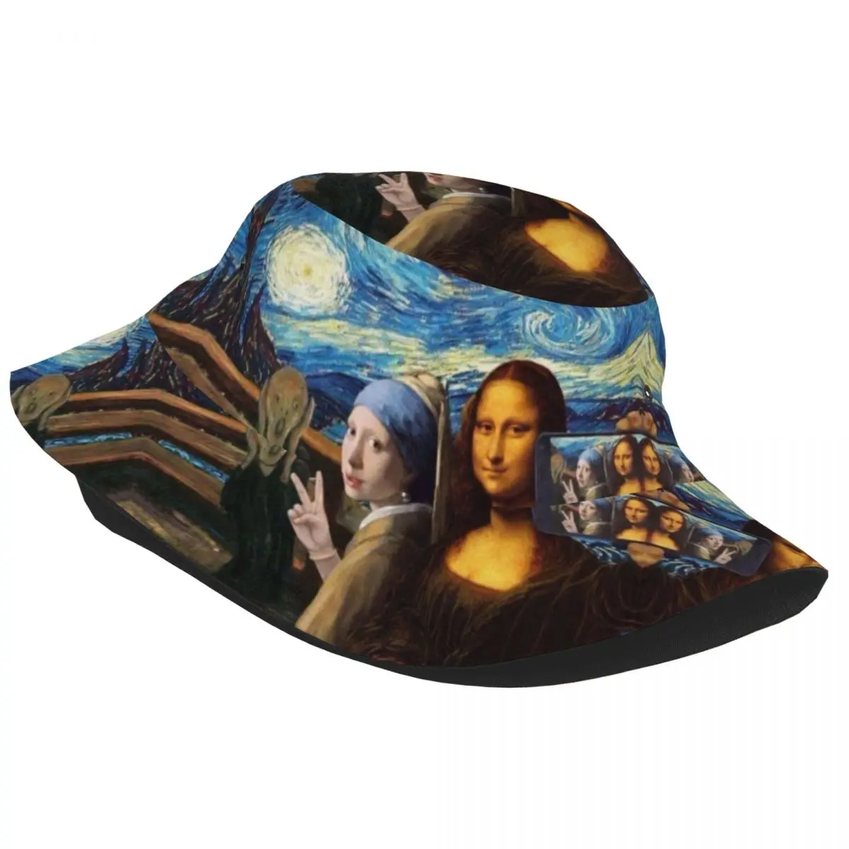 Custom Starry Night By Mona Lisa Vincent Van Gogh Bucket Hats Women Men Fashion Summer Outdoor Sun Art Painting Fisherman Cap