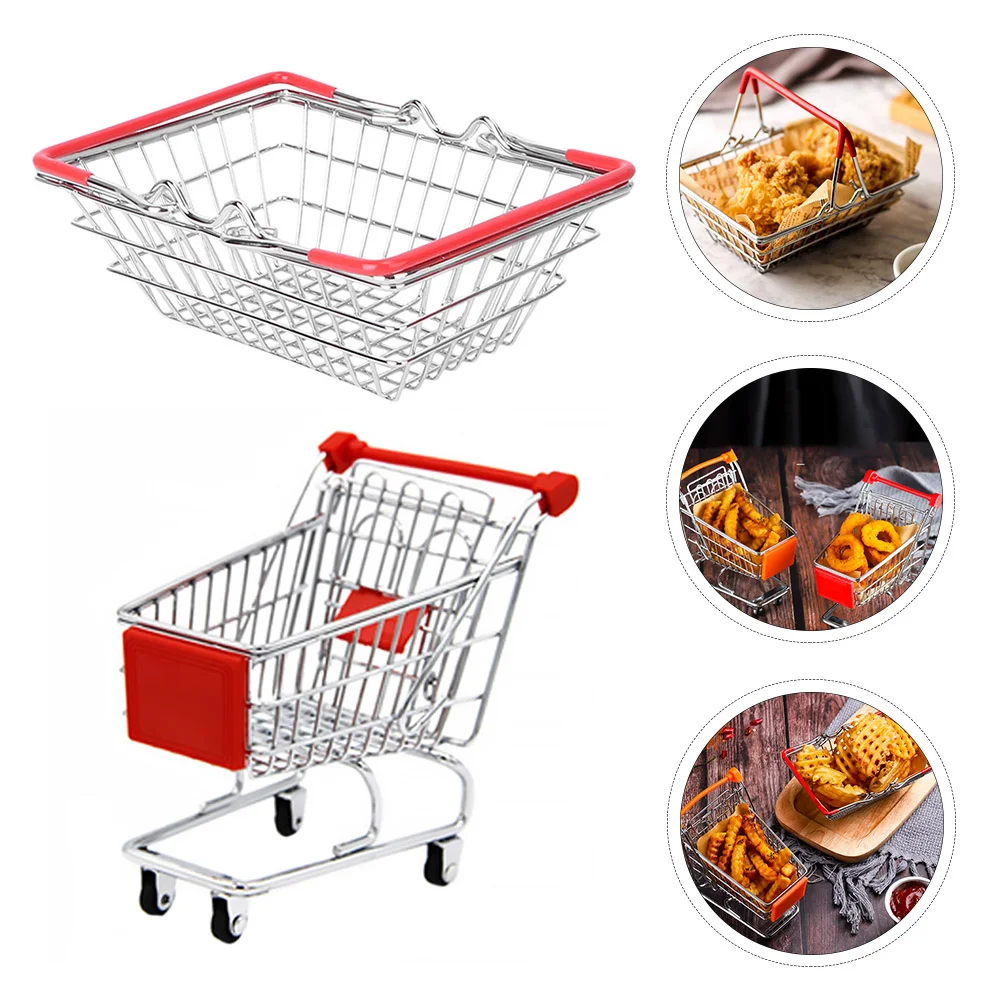 

Basket for Fruit Wrought Iron Food Shopping Pretend Toy Cart Model Small Trolley Stainless Steel