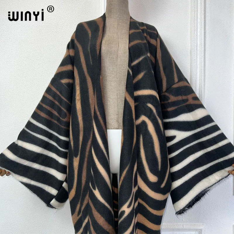 WINYI 2024 winter cardigan Africa women Geometric line print maxi jacket Warm kimono long down coat Middle East fashion abaya