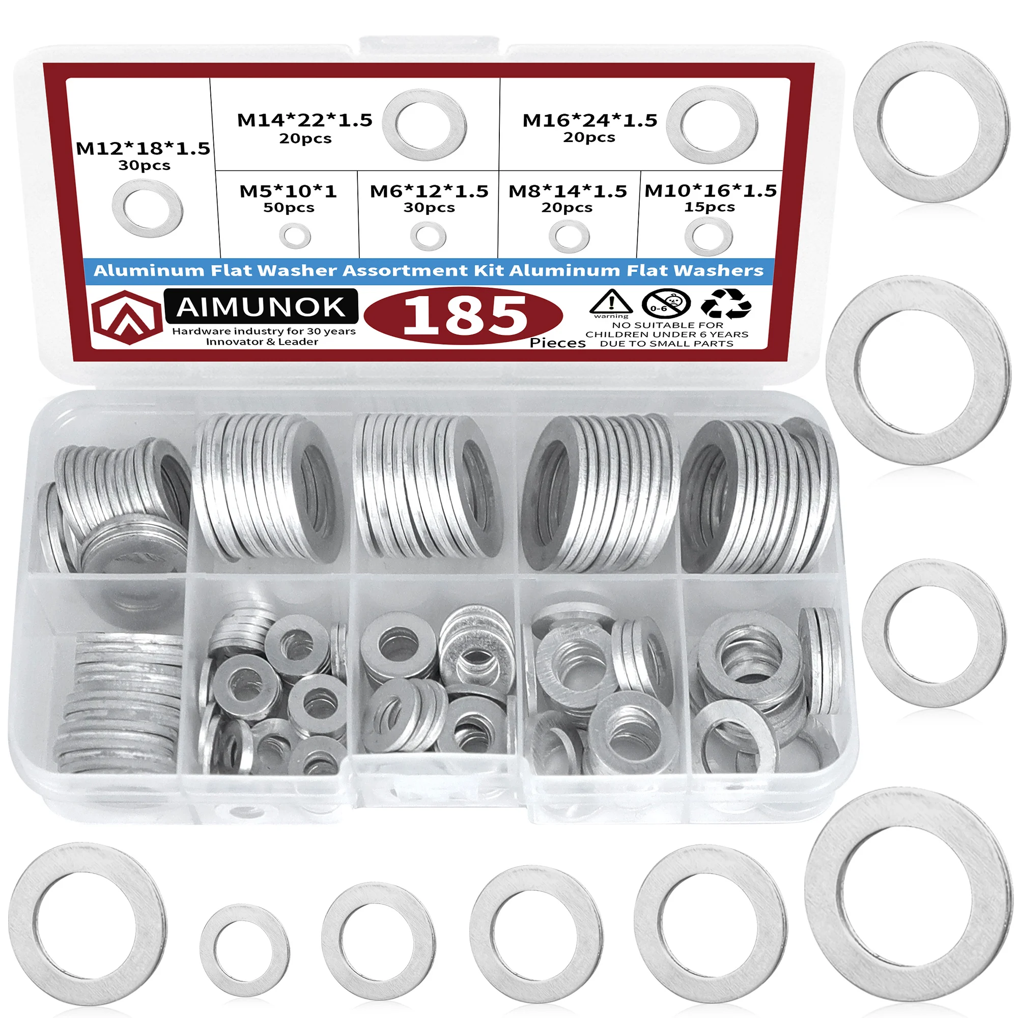 185 buah kit penyortiran mesin cuci datar aluminium M12 M14 M16 M5 M6 M8 M10 bulat suhu tinggi dan tahan aus datar aluminium