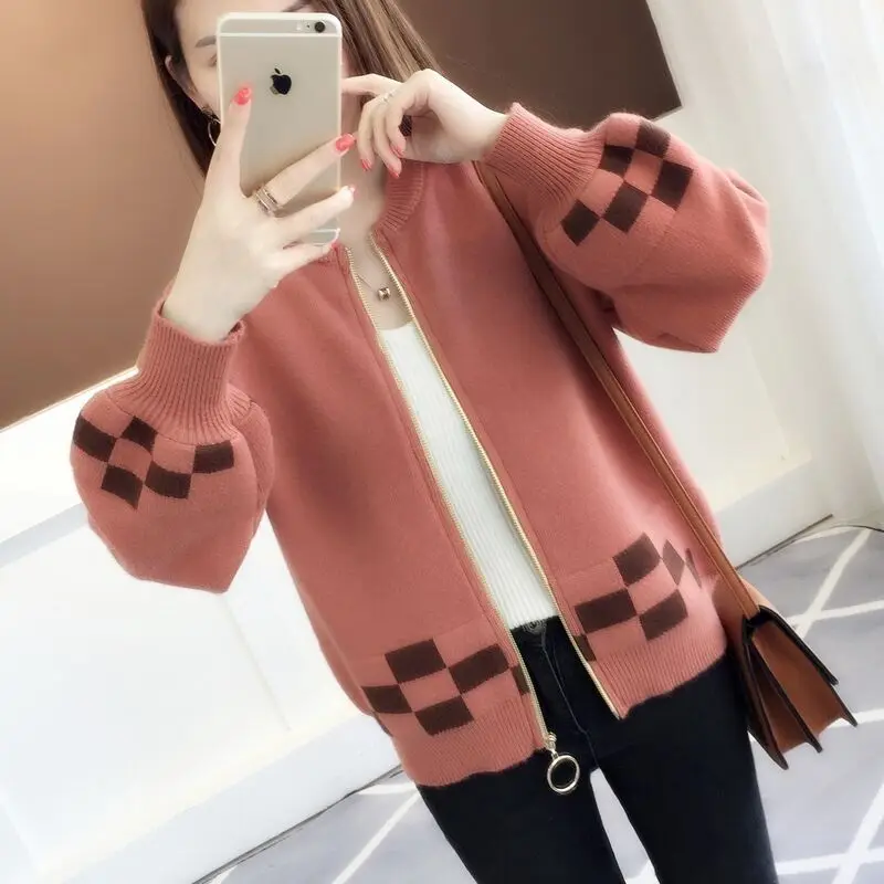 2023 Spring and Autumn Korean Fashion Women's Clothin Round Neck Short Knitted Cardigan Zipper Loose Lantern Sleeve Sweater Coat