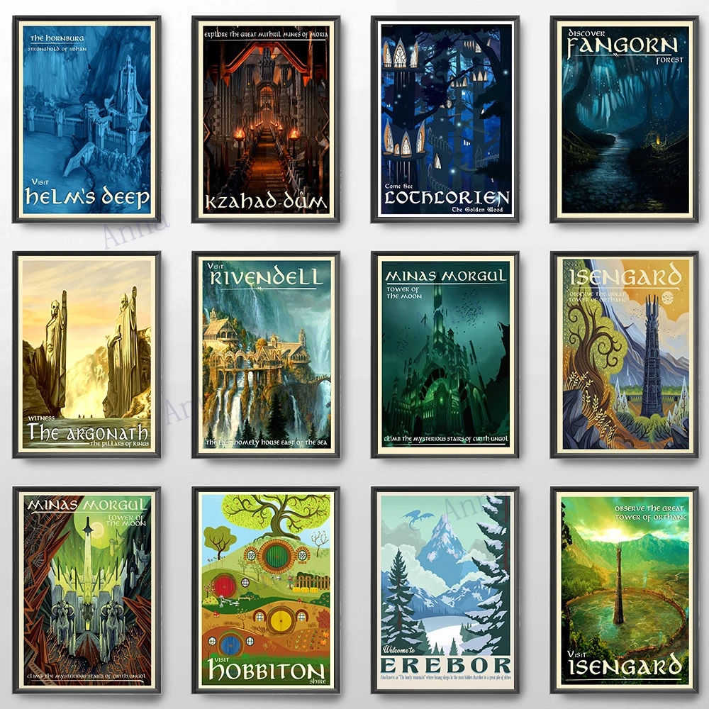 Canvas Painting Nordic Vintage Travel Poster and Prints Tolkien Middle Earth Landscape LOTR Art Wall Pictures Living Room Decor