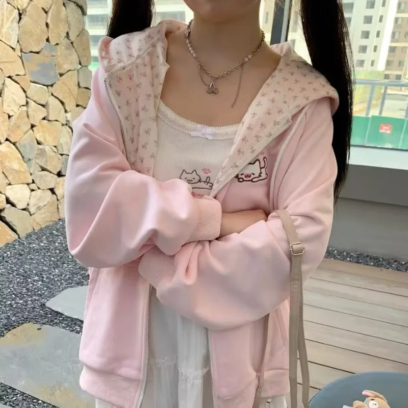 Harajuku корейское кавайное пальто с капюшоном женское тонкое кардиган на молнии с длинными рукавами Y2K уличная одежда новые свободные куртки средней длины