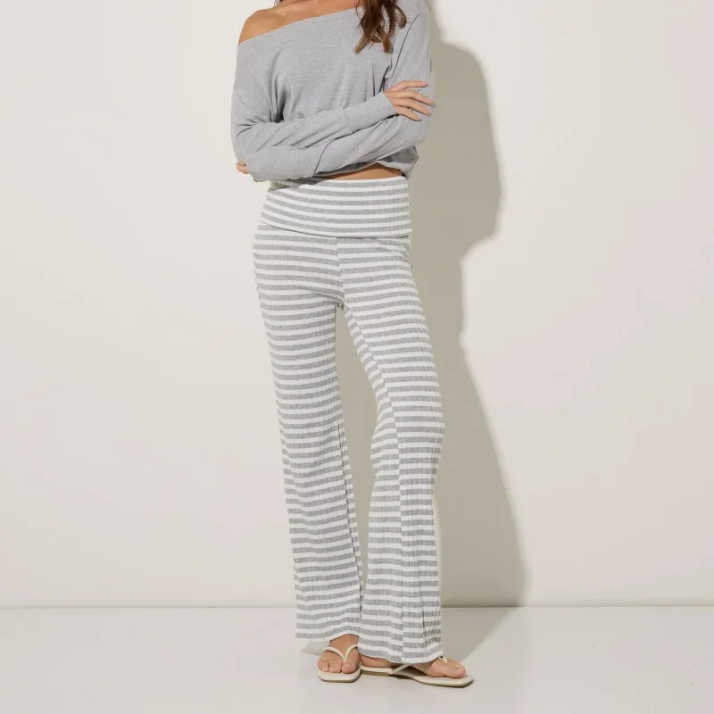 Women Y2K Black White Striped Knit Flare Pants Fold Over High Waist Slim Micro Bootcut Trousers Lounge Casual Streetwear