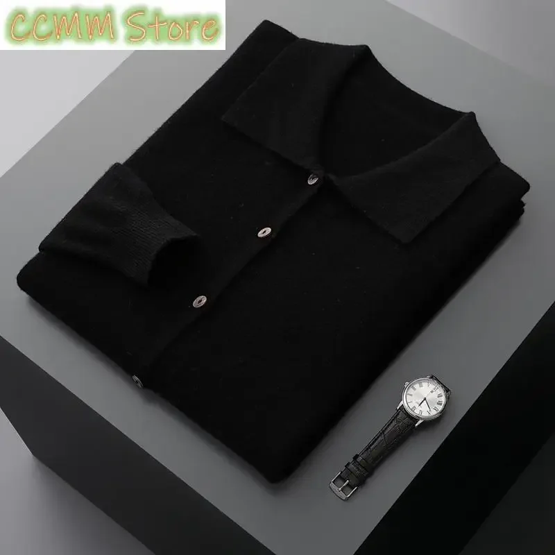 Men's Wool Cardigan Spring Autumn POLO Turn Down Collar Solid Smart Casual Cashmere Sweater Merino Wool Knitwear Fashion