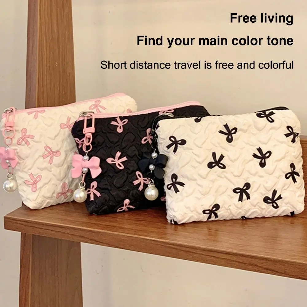 

INS Cotton Makeup Bag for Women Quilted Travel Cosmetic Bag Girls' Make Up Organizer Portable Little Bow Makeup Pouch