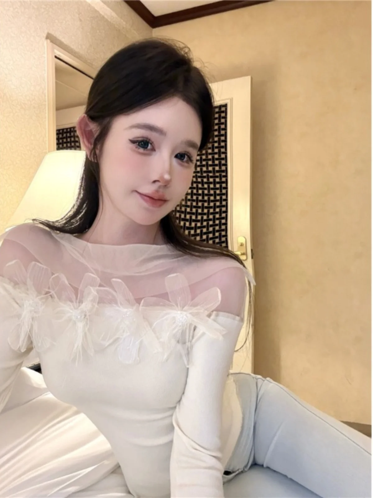 

Ele Knitted Base irt Женский облегающий топ Long Sve Wool Blend Faionable Me Splice Sta Ne Design Осенний топ