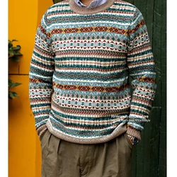 Firmranch British Vintage Crew Neck Sweaters For Men Women Fair Isle Pattern Pullover Nordic Rural Retro Wool-blend Knitwear