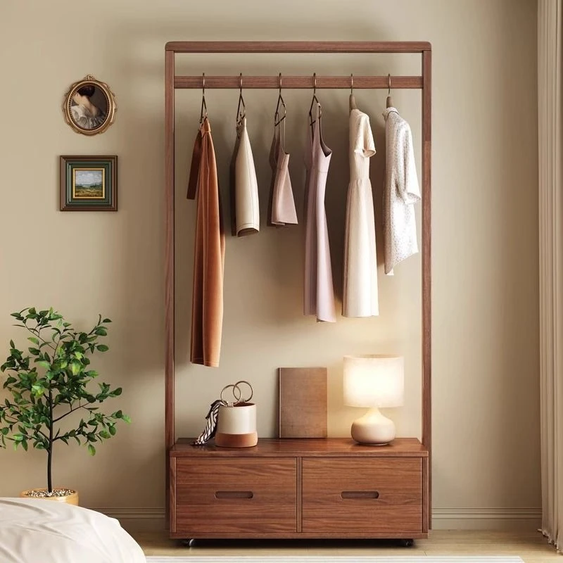 Solid wood coat rack household bedroom removable hanger floor with drawer bold room hanger