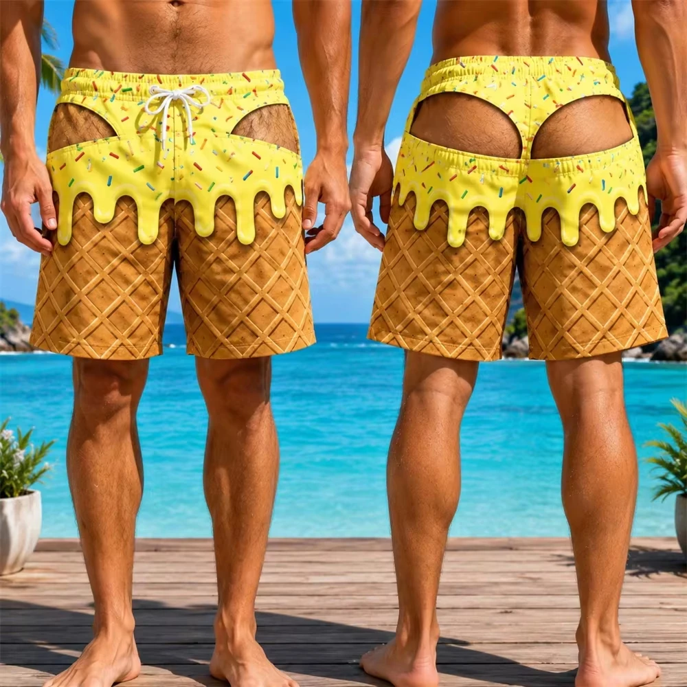 3D Print Funny Waffle Ice Cream Swim Trunks Men Fake Skin Design Fun Beach Party Shorts Summer Street Vacation Board Short Moto