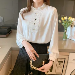 Women Clothing Solid Elegant Lace Ruffles Blouse Loose Commute Fashion Pullover Shirts Spring Summer Chic Lantern Sleeve Tops