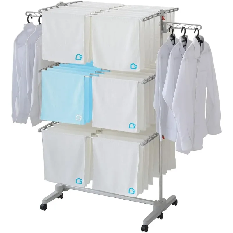 Foldable Drying Rack with Wheels - 48 Drying Rods, Heavy Duty, Movable, Perfect for Clothes, Duvet, Socks, Bed Linen, Sheets