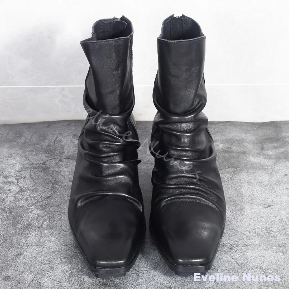 Vintage Men Ruched Pleated Leather Ankle Boots Square Toe Chunky Heel Short Boots Gothic Western Punk Non slip fashion Footwear