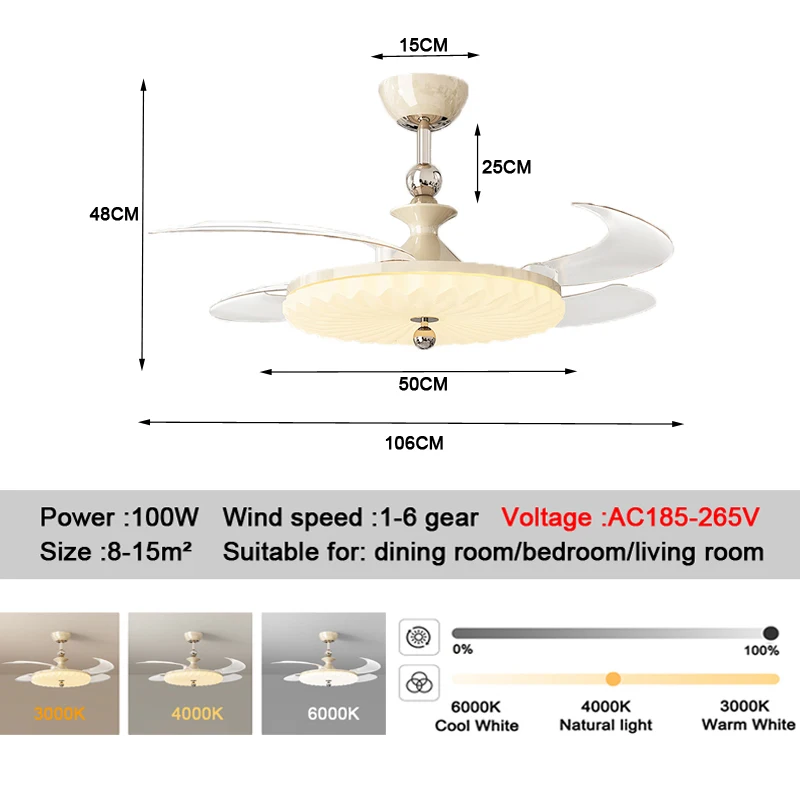 Antique Fan Light Dining Room Bedroom Retro Walnut Color Invisible Fan Living Room Eye Protection Smart Ceiling Fan Light