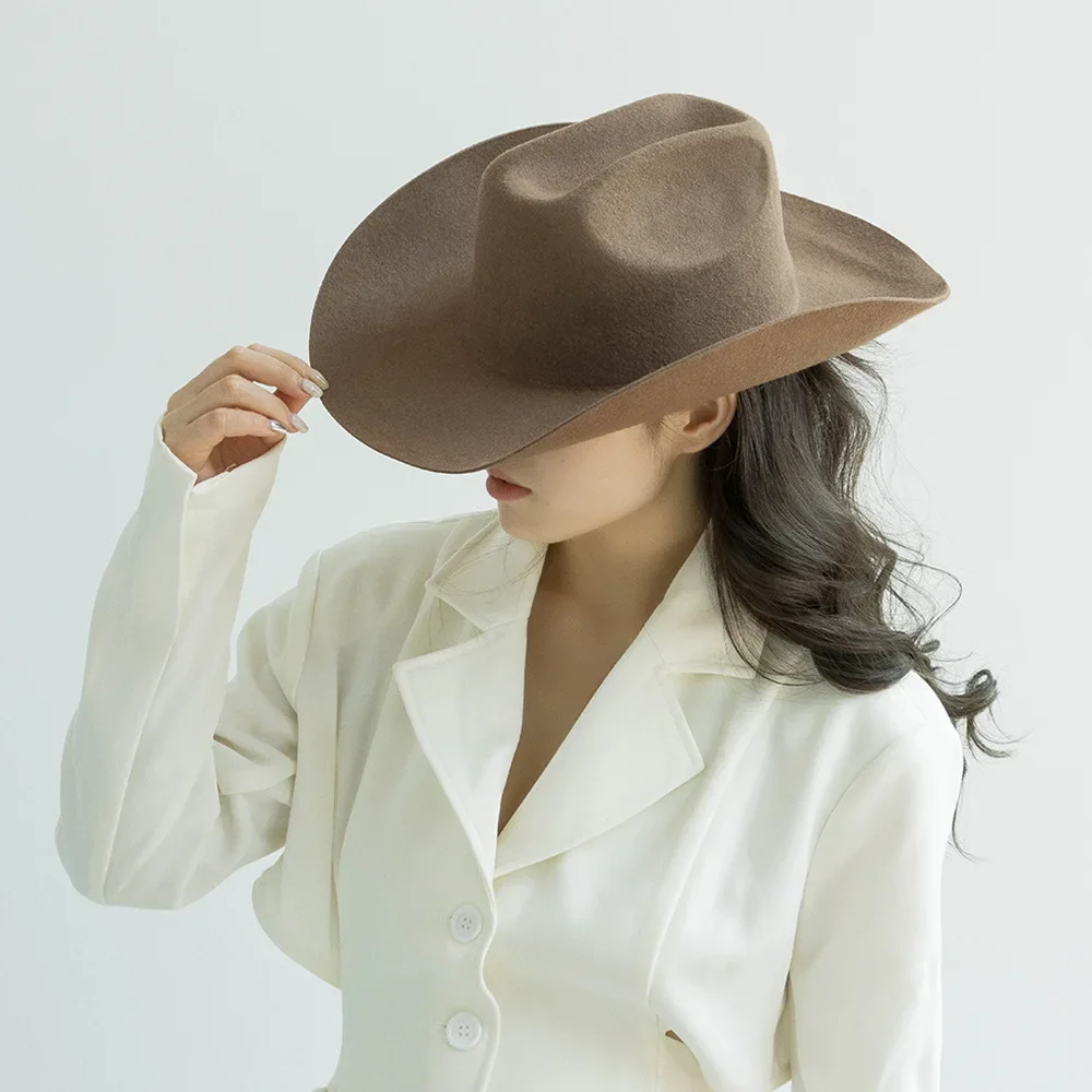 Women's Autumn Winter New Fashion Curved Brim Wool Felt Cowboy Hat Outdoor Sun Protection Jazz Cap