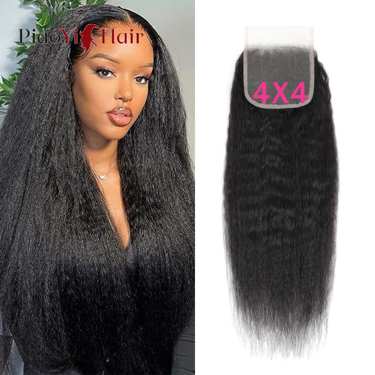 

4x4 Kinky Straight Human Hair Lace Closure Brazilian Remy Hair Pre-Plucked Transparent Swiss Lace 150% Density 14-24 Inch