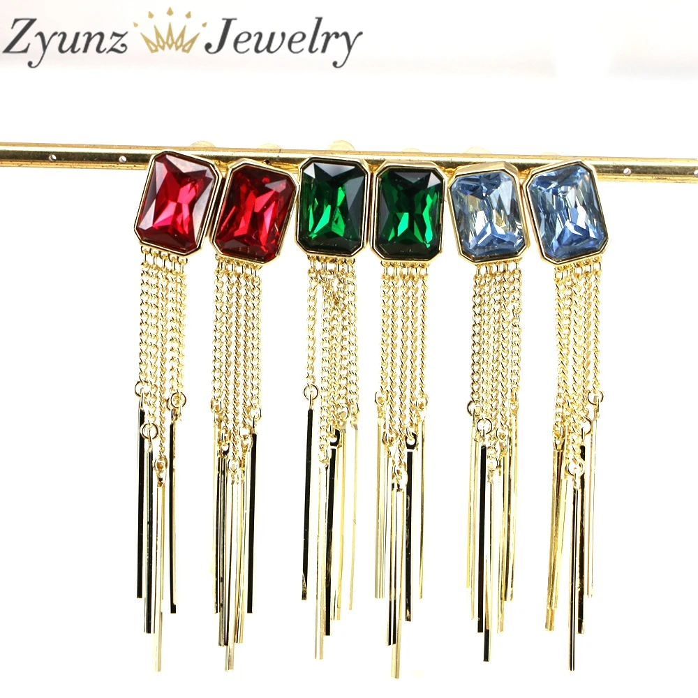 3 Pairs, Green Rose Blue Zircon Long Tassel Drop Earrings For Women Fashion Girls Ear Jewelry Party Gifts