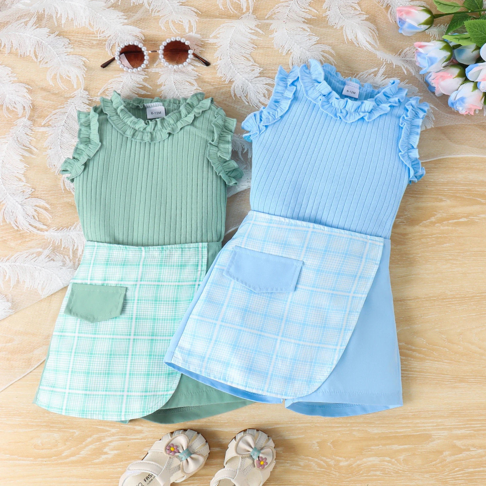 2PCS Summer 0-4 Years Old Comfortable Fashion Baby Girl Soft Multi-Colored Lace Vest + Plaid Culottes Solid Color