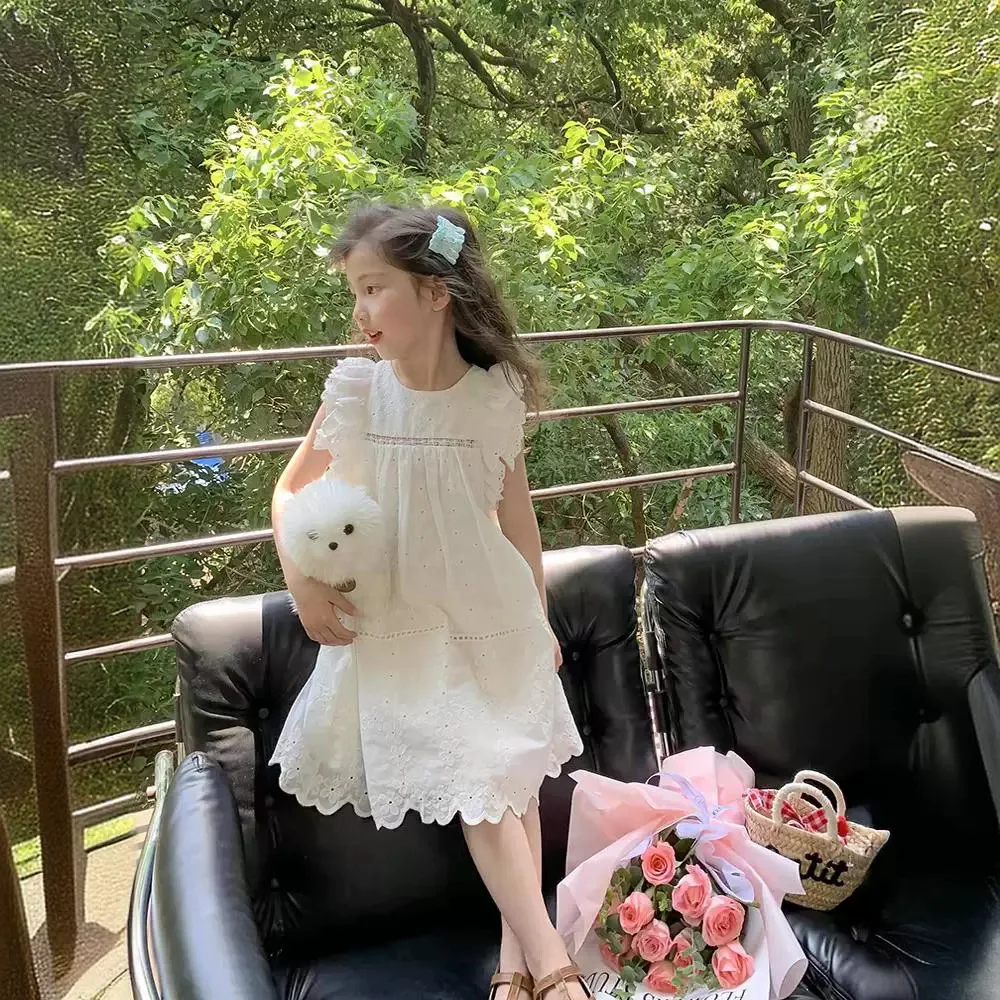 Girl\'s Summer Princess Style Dress Cute Fashionable Beautiful Lace Hollow Dress With Flying Sleeves Elegant Birthday Party Dress