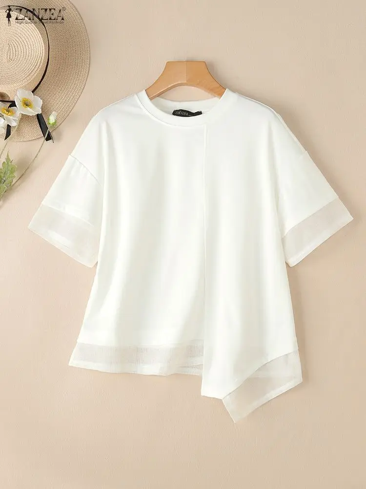 เสื้อเชิ้ตทำงานสไตล์ ZANZEA เสื้อผ้าตาข่ายสำหรับฤดูร้อน เสื้อผู้หญิงลำลอง คอทรงโอ แขนสั้น เสื้อทำงานผู้หญิง เสื้อคลุมทำงาน