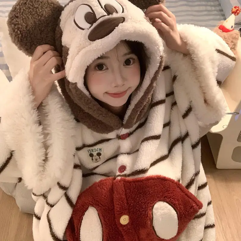 ديزني لطيف ميكي منامة مقنعين الكرتون ثوب النوم لينة المرجان الصوف سميكة المنزل مريحة الخريف الشتاء الدافئة ملابس خاصة #3