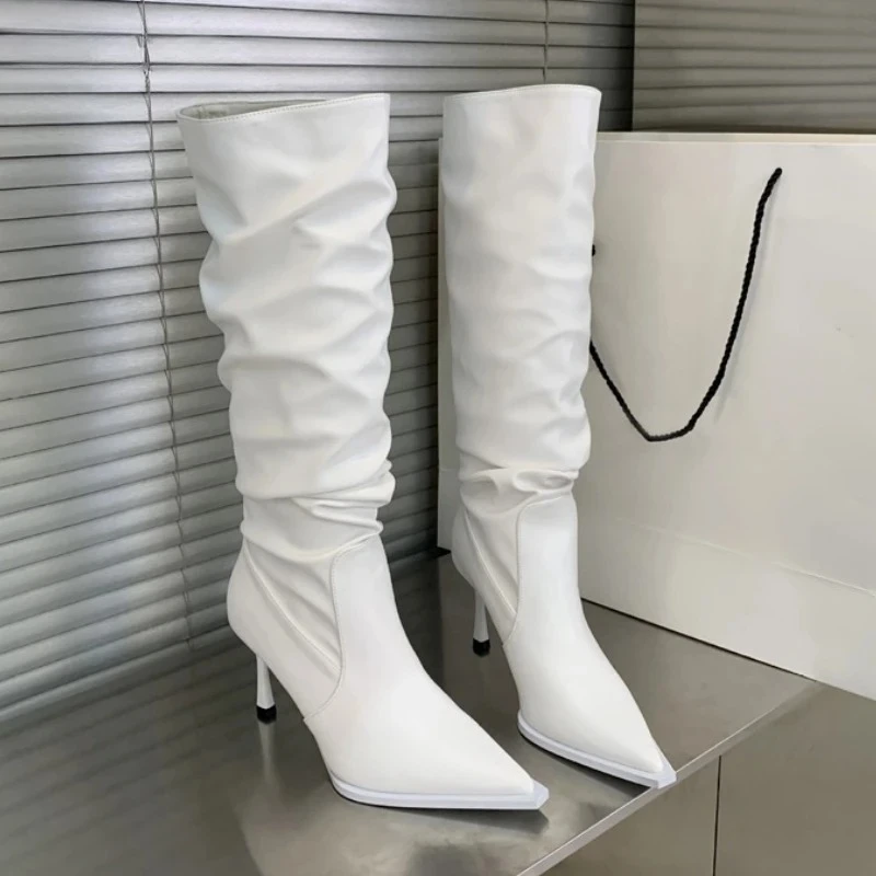 

Зимние женские сапоги до колена с острым носком, дизайнерская обувь на тонком высоком каблуке с молнией сзади, пикантные длинные ботильоны для танцев на пилоне