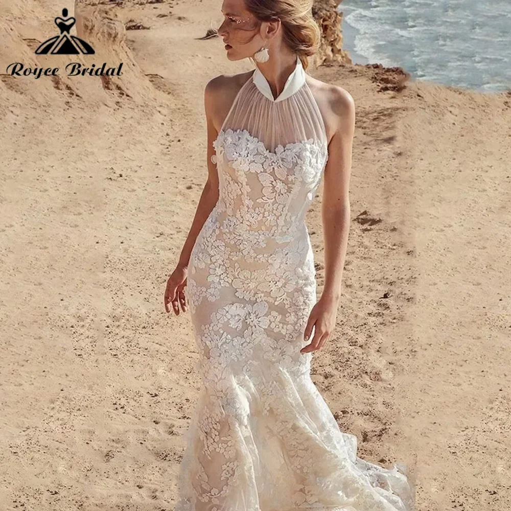 Винтажное кружевное свадебное платье с лямкой на шее и прозрачным вырезом, свадебное платье из тюля с открытой спиной и скользящим шлейфом, свадебное платье для женщин