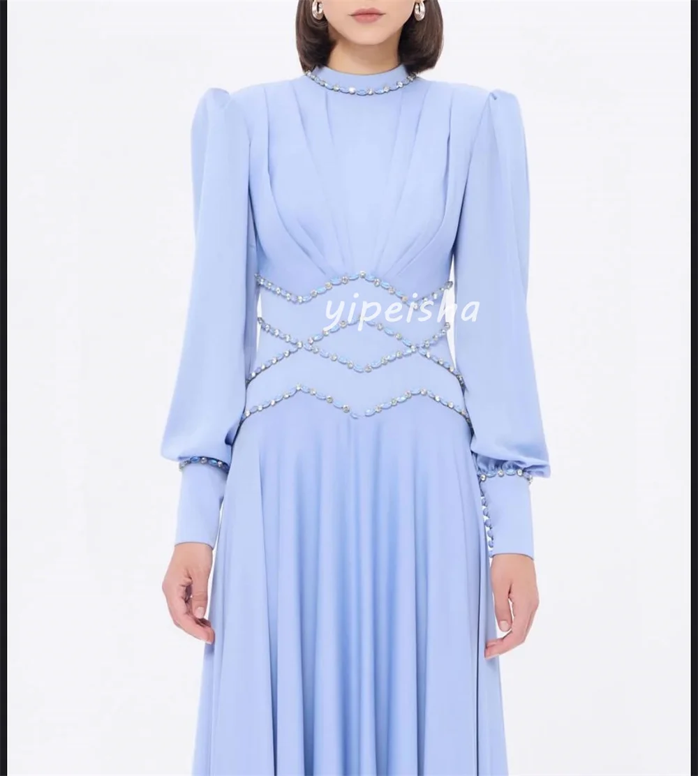 Customized Exquisite Classic Jersey Button Rhinestone A-line High Collar Long Dresses Bespoke Occasion Dresses Sizes Available