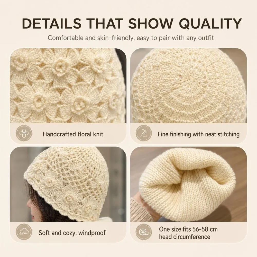 Retro Double Layer Handmade Knitted Hat 3D Flower Warm Flower Pullover Hat Sweet Hollow Yarn Winter Hat For Women