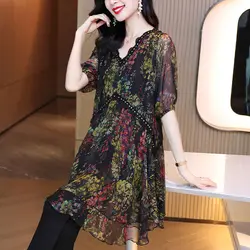 Elegant Vintage V-Neck Spliced Midi Chiffon Shirt for Female Casual Loose Printed Half Sleeve Blouse Summer Women's Clothing