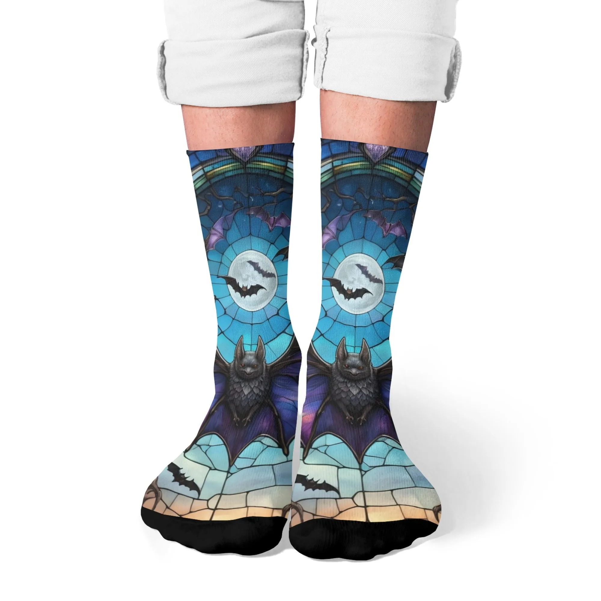 Gothic Fledermaus Buntglas Crew Socken Retro Dark Art Streetwear Unisex Atmungsaktiv Weich Bequem Party Halloween Geschenk Outdoor