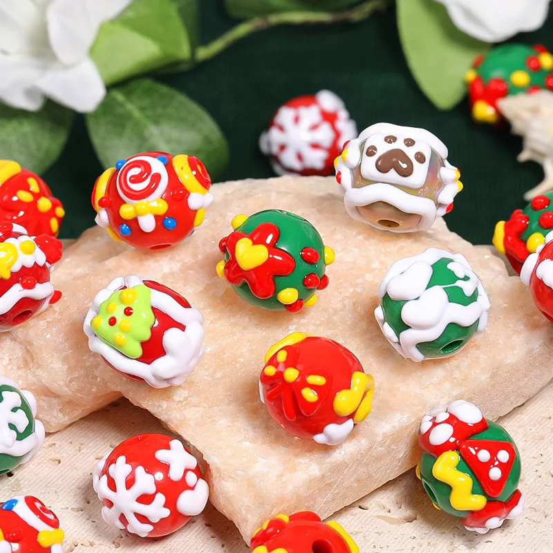 Trendy New Christmas Style Oil Drop Round Gumball Beads Fit Bracelet Necklace Earring Ornament Accessories Material 50pcs 15mm