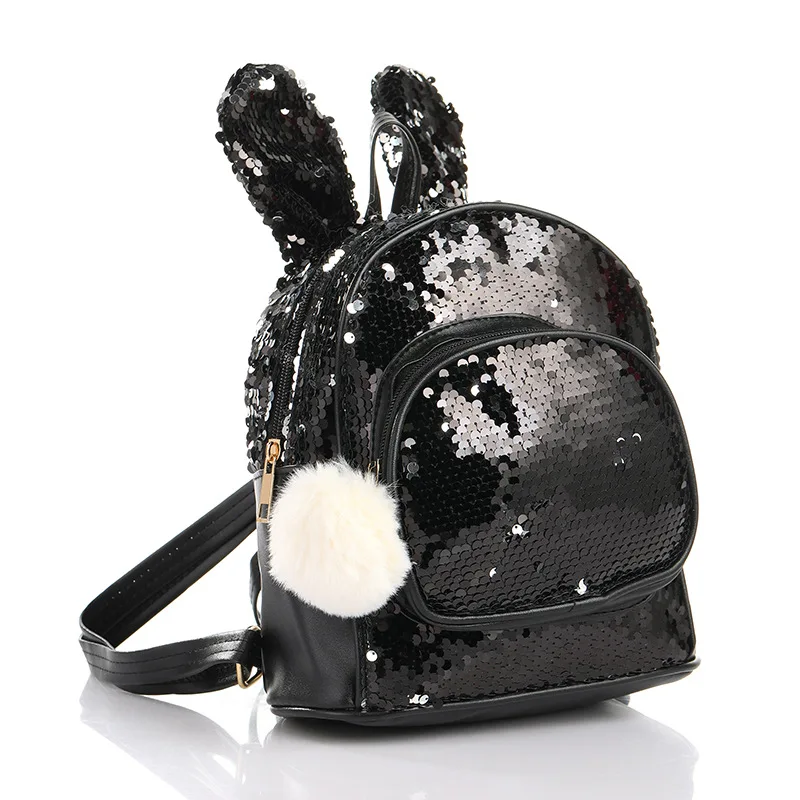 Fashion Sequins Backpack Cute Rabbit Ears School Bags for Girls Zipper Large Capacity Shoulder Bag Princess Kindergarten Mochila