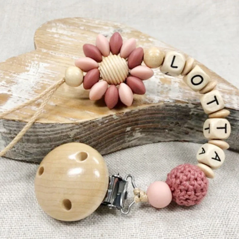 Custom Name Silicone Beads Wooden Ring Pacifier Clips Safe Teething Chains Baby Teether Eco-friendly Dummy Beech Clips Holder