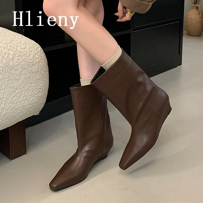 

Hlieny Winter Pointed Toe Women Ankle Boots Fashion Soft Leather Short Shoes Low Heels Ladies Party Dress Pumps Zapatos Mujer