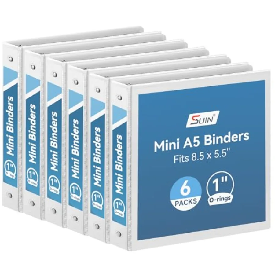 

Mini 3 Ring Binder A5 Size 5.5"x8.5", 1" Round Ring 200 Sheet Capacity, Bulk 6 Pack Binders for School Office