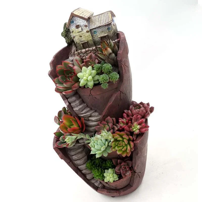 Dual Layer Sky Garden Pot for Herb Flower Cacti Sedum Succulent Bonsai Planter Box Resin Crafts Fairy Garden Ornaments Decor