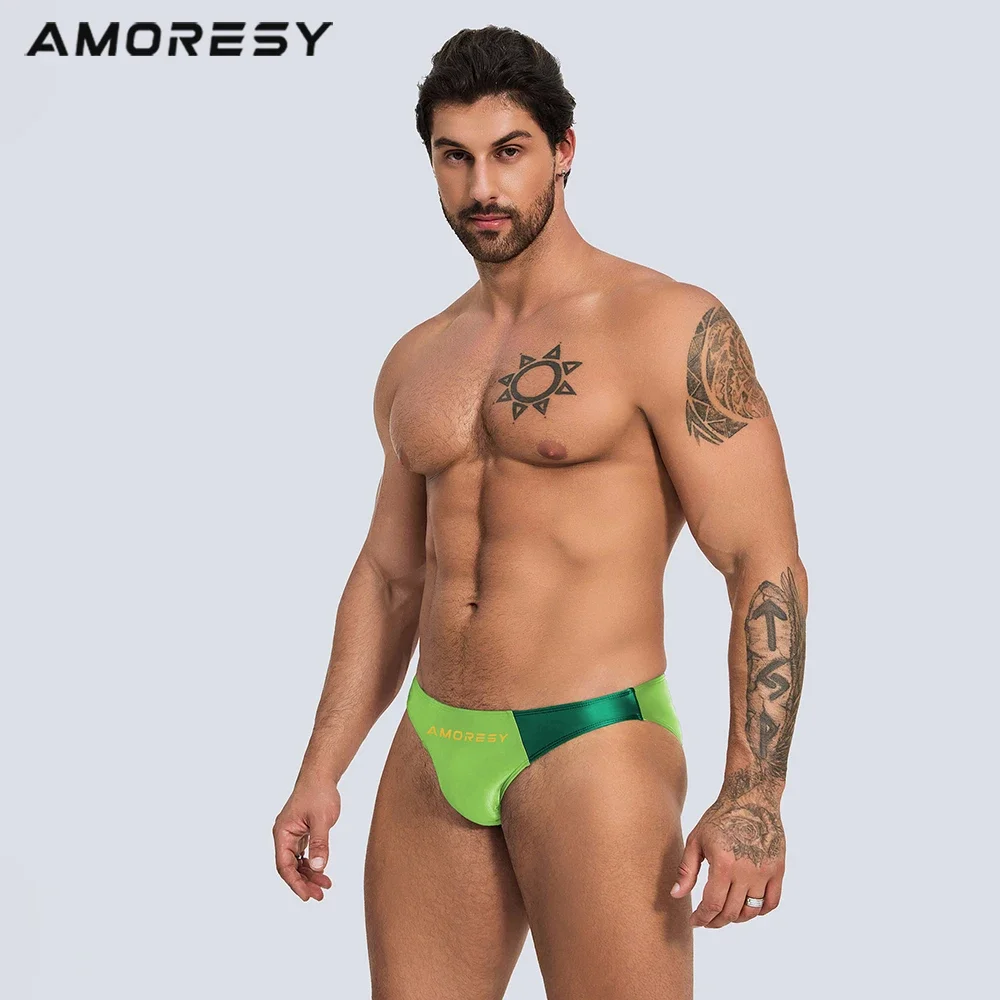 AMORESY-Color-Block Swimming Trunks for Men, Spandex Triangle Briefs, Sexy Fashion, Vacation Beach Style Briefs,Shorts