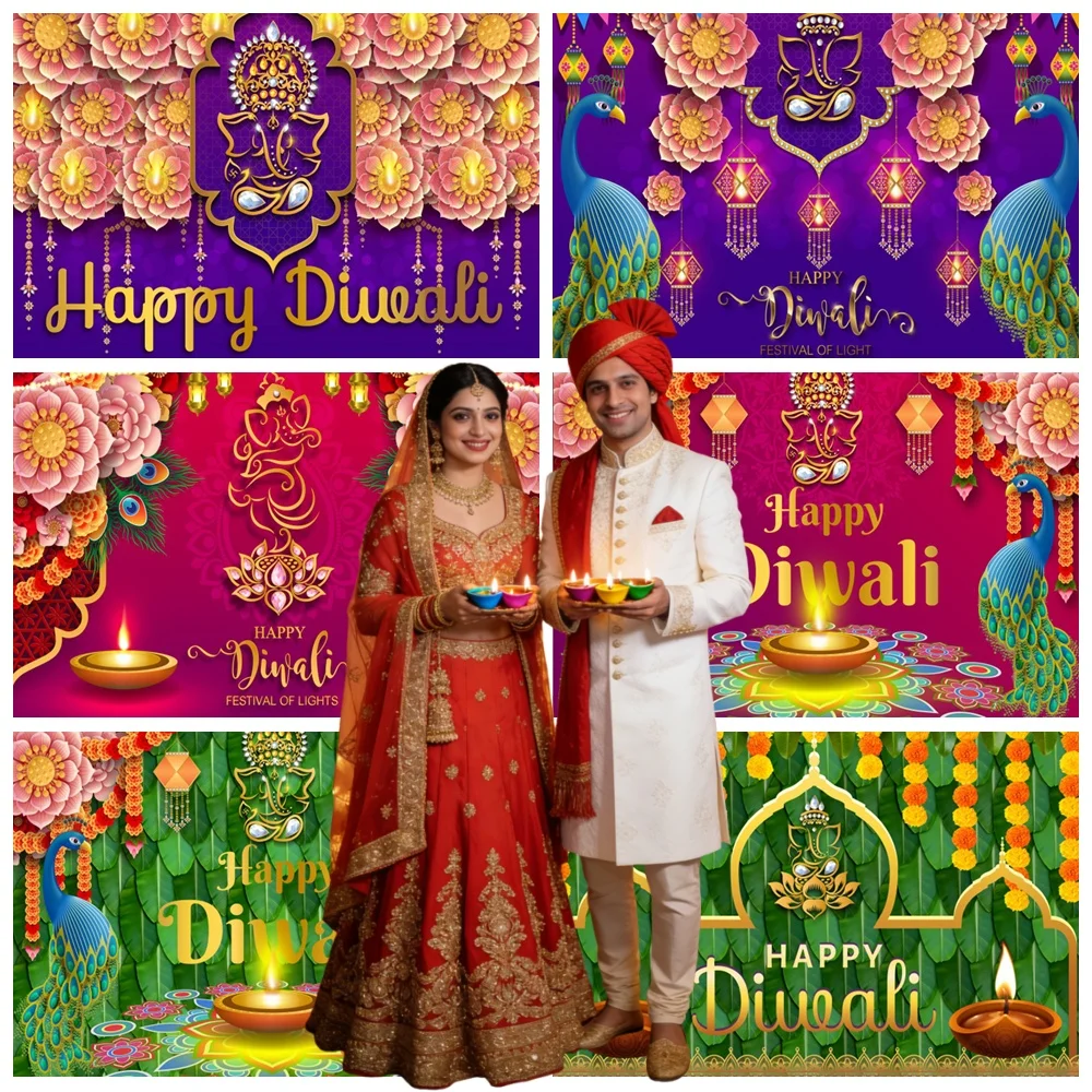 

Indian Diwali Festival Background Burning Ghee Lanterns Purple Marigold Peacock Sky Lantern Prayer Background Photo Studio Props