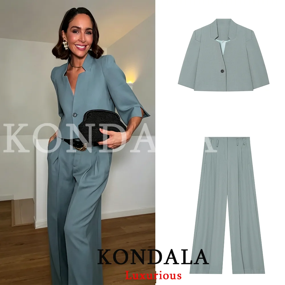 KONDALA Office Lady Casual Women Pants Suit Single Button Short Blazer Long Zipper Pants Fashion 2026 Summer Fall Vintage Suit