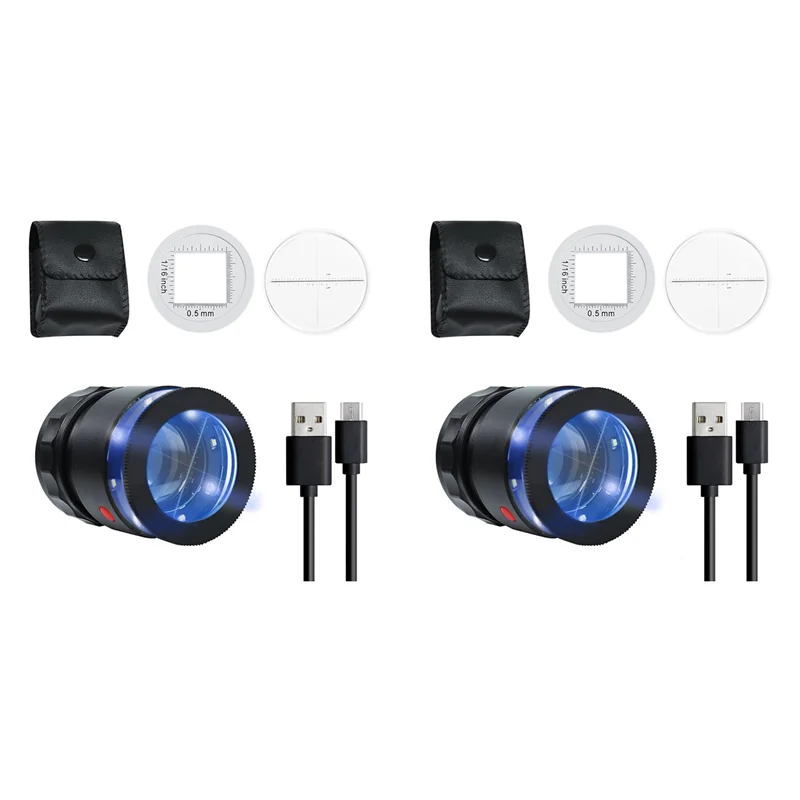 

NEW-2Pcs Loupe Magnifier 10X,Rechargeable Jewelers Magnifying Glass With LED Light And Scale, Adjustable Focal Length