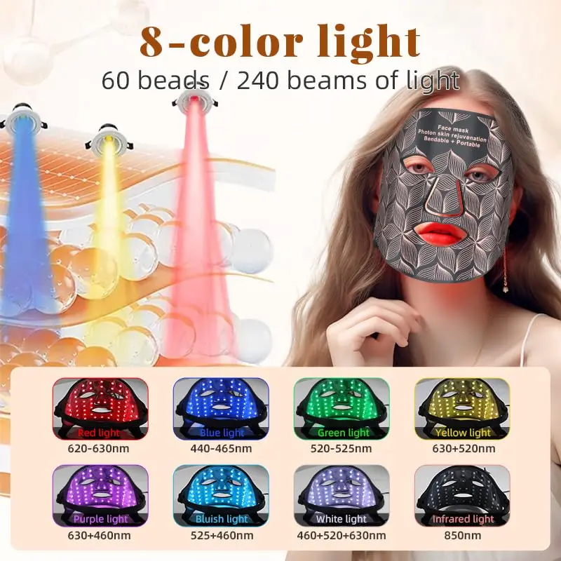 8 Colors Facial LED Mask with Neck Red Light Near Infrared Therapy Beauty Mask Anti Aging Skin Rejuvenation Lifting Whitening