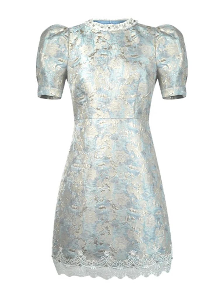 レディースフレンチレトロスタイルジャカードショートドレス、光沢のあるシルクバブルスリーブ、レースエッジ、パーティーガウン、女性用プロムドレス、レディースドレス