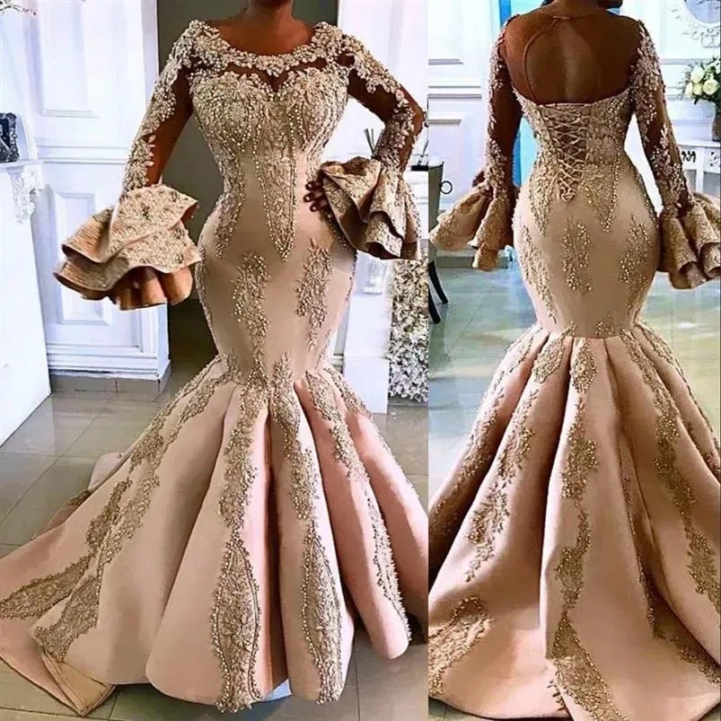 Blush Prom Dresses Mermaid Long Sleeves With Gold Lace Applique Beaded Ruched Custom Made Evening Gown Formal Ocn Wear Vestidos