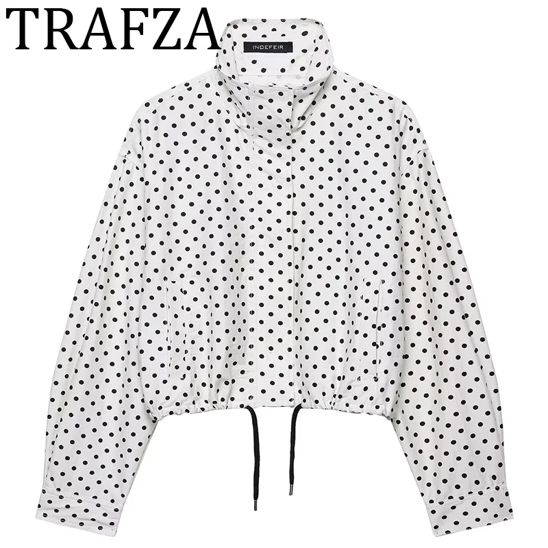 

TRAFZA 2025 Women's Polka Dot Puffer Bomber Jacket Woman High Collar Long Sleeve Loose Coat Fashion Drawstrings Hem Outerwears