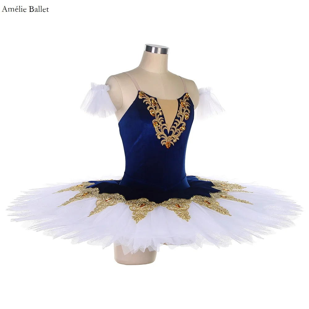 BLL456 Marineblauw fluwelen pre-professionele ballettutu met witte tuturok Meisjes en dames podiumprestaties danskleding