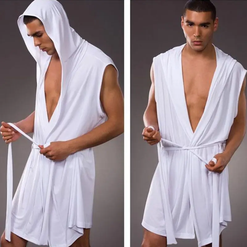 New Men's Ice Silk Hooded Sleeveless Sexy Thin Bathrobe Pijama Hombre Comfortable and Breathable Solid Color Bath Robe Gown