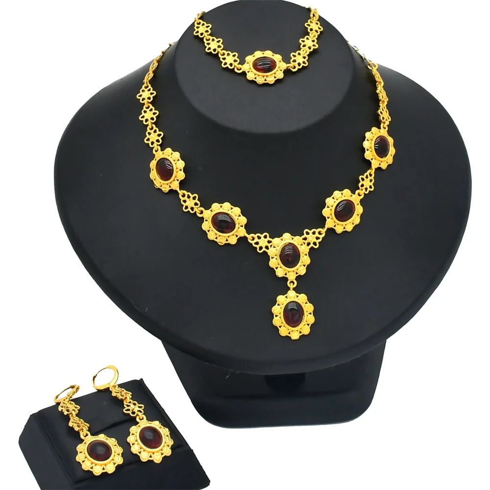 

ESALE Nigerian Bride Three Piece Set of European and American Advanced Retro Gold Plated Ruby Jewelry